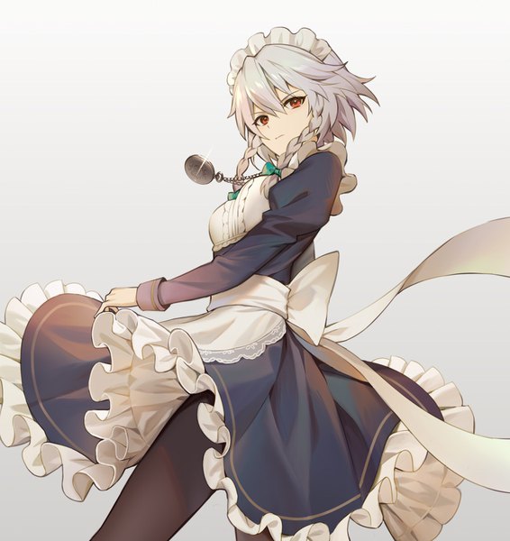 Anime picture 1020x1082 with touhou izayoi sakuya mutugi single tall image looking at viewer fringe short hair simple background hair between eyes red eyes standing silver hair braid (braids) long sleeves grey background sparkle maid puffy sleeves twin braids