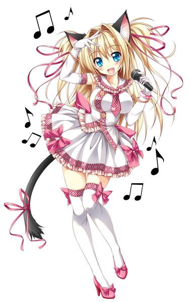 Anime picture 946x1500 with original kamiya tomoe single long hair tall image blush open mouth blue eyes simple background blonde hair white background animal ears tail animal tail cat ears cat girl cat tail girl thighhighs dress