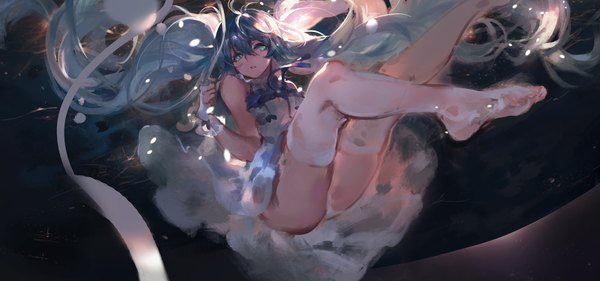 Anime picture 1618x758 with vocaloid hatsune miku kishiyo single long hair looking at viewer open mouth light erotic wide image twintails bare shoulders aqua eyes aqua hair no shoes leg lift (legs lift) revision space girl thighhighs dress