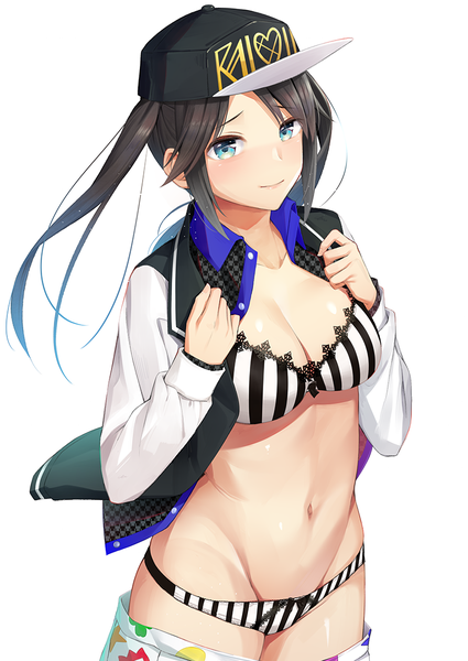 Anime picture 800x1130 with idolmaster idolmaster shiny colors mitsumine yuika umihotaru harumare single long hair tall image looking at viewer blush fringe breasts blue eyes light erotic black hair simple background large breasts standing white background twintails payot