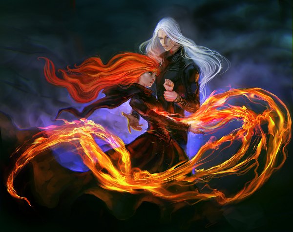 Anime picture 1200x950 with anndr (artist) long hair holding green eyes orange hair couple magic girl dress boy cape fire
