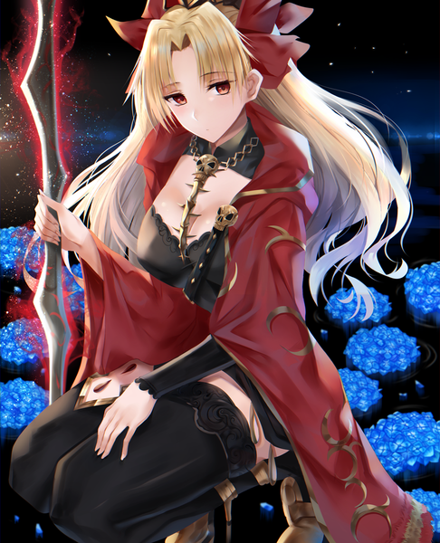 Anime picture 1000x1234 with fate (series) fate/grand order ereshkigal (fate) nicky w single long hair tall image looking at viewer blush fringe breasts blonde hair simple background red eyes holding cleavage wide sleeves high heels two side up black background