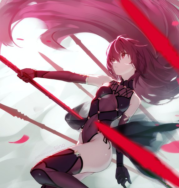Anime picture 1200x1259 with fate (series) fate/grand order scathach (fate) (all) scathach (fate) siino single long hair tall image fringe light erotic hair between eyes purple eyes looking away purple hair profile covered navel girl thighhighs gloves weapon