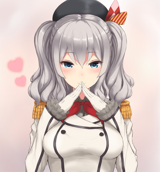 Anime picture 1926x2069 with kantai collection kashima training cruiser monoku single long hair tall image looking at viewer blush highres blue eyes twintails upper body grey hair fingers together girl gloves uniform white gloves epaulettes