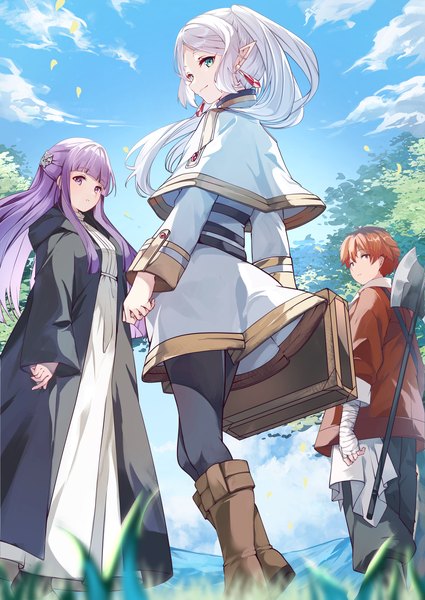 Anime picture 2866x4047 with sousou no frieren frieren fern (sousou no frieren) stark (sousou no frieren) risumi (taka-fallcherryblossom) long hair tall image looking at viewer fringe highres short hair red eyes purple eyes multiple girls sky silver hair purple hair cloud (clouds) outdoors red hair