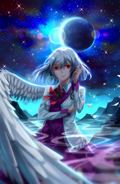 Anime picture 798x1213 with touhou kishin sagume ze xia single tall image looking at viewer fringe short hair hair between eyes red eyes standing silver hair outdoors long sleeves night open jacket sparkle night sky floating hair lens flare