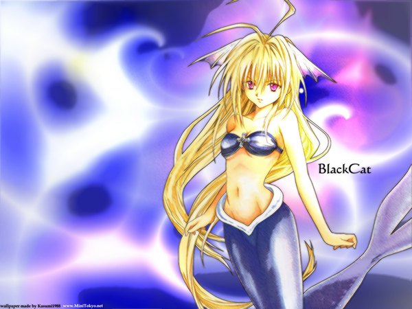 Anime picture 1600x1200 with black cat gonzo eve blonde hair very long hair pink eyes navel bikini top mermaid