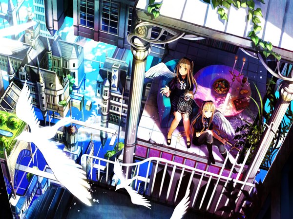 Anime picture 2048x1536 with original fuzichoco highres blonde hair multiple girls yellow eyes city flying siblings fantasy single wing girl weapon 2 girls animal sword wings bird (birds) candle (candles) wine glass