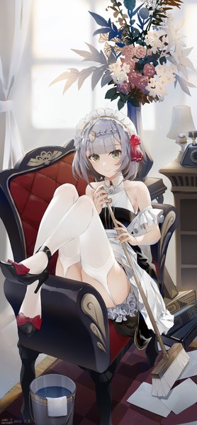 Anime picture 2633x5676 with genshin impact noelle (genshin impact) swkl:d single tall image looking at viewer fringe highres short hair light erotic smile bare shoulders holding green eyes signed full body bent knee (knees) indoors blunt bangs braid (braids)