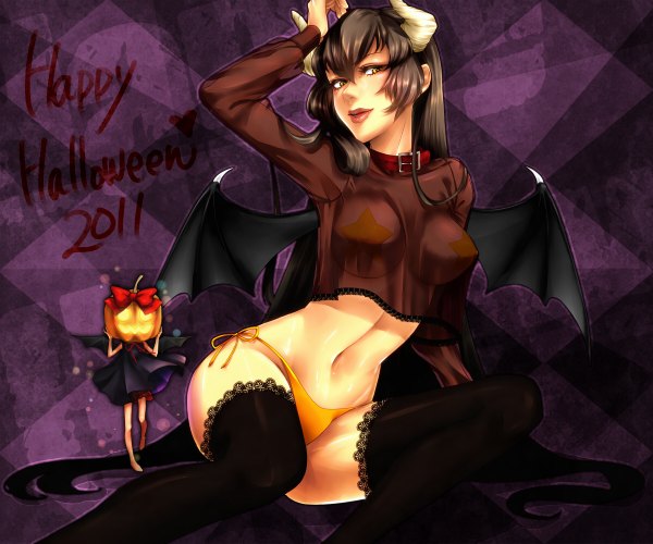 Anime picture 1200x1000 with original kokorozashi nami single long hair light erotic black hair yellow eyes horn (horns) inscription halloween checkered floor demon wings happy halloween 2011 girl thighhighs navel underwear panties black thighhighs