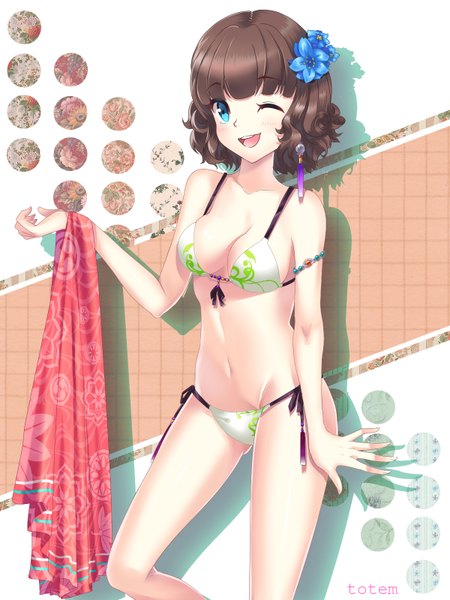 Anime picture 1200x1600 with original totem single tall image blush short hair open mouth blue eyes light erotic brown hair one eye closed hair flower wink midriff girl navel hair ornament swimsuit bikini