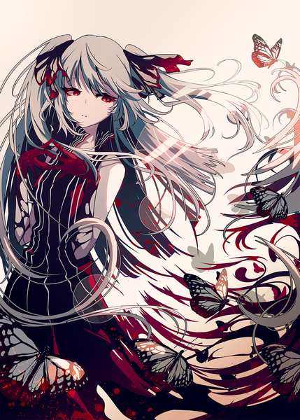 Anime picture 1000x1399 with original berryverrine single long hair tall image fringe simple background red eyes standing white background looking away blunt bangs parted lips grey hair two side up floating hair torn clothes striped fingers together hairdressing
