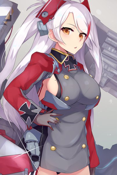 Anime picture 1000x1489 with azur lane prinz eugen (azur lane) ichijou (kr neru0) single long hair tall image looking at viewer blush fringe breasts light erotic large breasts silver hair mole orange eyes two side up hand on hip sideboob mole on breast military