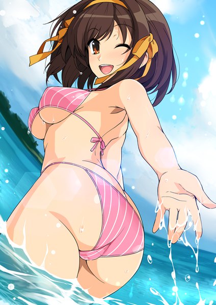 Anime picture 849x1200 with suzumiya haruhi no yuutsu kyoto animation suzumiya haruhi haruhisky single tall image looking at viewer blush fringe short hair breasts open mouth light erotic smile brown hair standing brown eyes sky cloud (clouds) outdoors