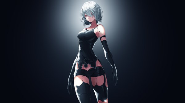 Anime-Bild 3840x2160 mit nier nier:automata yorha type a no. 2 assassinwarrior peulopi single looking at viewer fringe highres short hair breasts hair between eyes wide image standing bare shoulders holding absurdres silver hair mole zettai ryouiki
