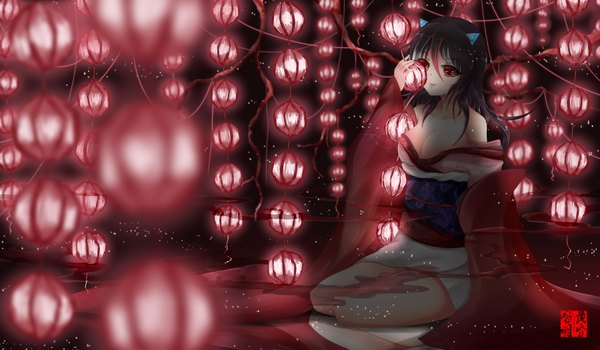 Anime picture 1800x1050 with touhou imaizumi kagerou dusk/dawn single long hair looking at viewer blush highres breasts light erotic black hair smile red eyes wide image large breasts sitting bare shoulders animal ears cleavage traditional clothes