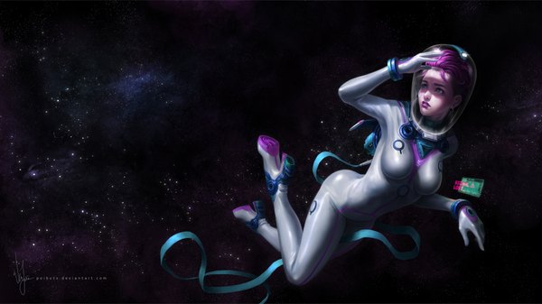 Anime picture 1920x1080 with poibuts single highres short hair breasts wide image green eyes looking away purple hair lips space freckles girl headphones bodysuit