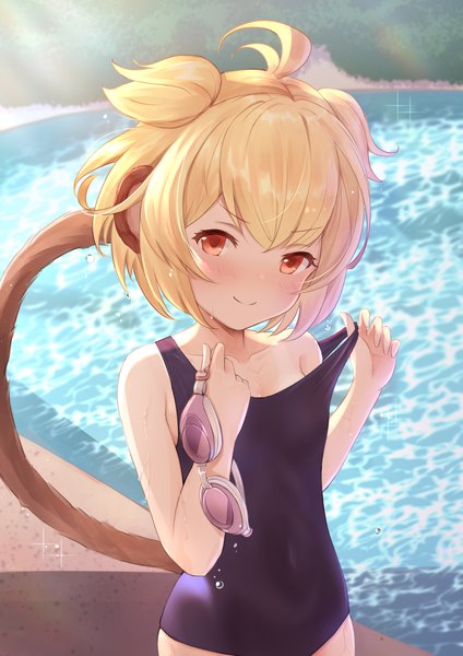 Anime picture 1488x2105 with granblue fantasy andira (granblue fantasy) kimblee single tall image looking at viewer blush fringe short hair breasts light erotic blonde hair smile red eyes standing holding animal ears ahoge outdoors tail