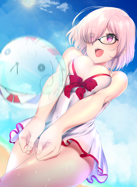 Anime picture 1001x1365 with fate (series) fate/grand order mash kyrielight mash kyrielight (swimsuit of perpetual summer) hisayaki kyuu single tall image blush fringe short hair breasts open mouth light erotic standing purple eyes bare shoulders looking away pink hair sky cleavage