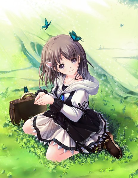 Anime picture 2340x3030 with original soraizumi single tall image looking at viewer highres short hair brown hair brown eyes girl dress plant (plants) insect butterfly bag grass