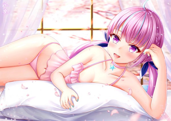 Anime picture 4093x2894 with virtual youtuber hololive minato aqua exexgemora single long hair looking at viewer blush fringe highres breasts open mouth light erotic smile purple eyes twintails pink hair absurdres ahoge lying