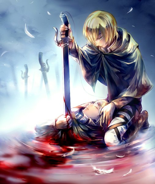 Anime picture 843x1000 with shingeki no kyojin production i.g armin arlert kino (sg) tall image short hair blue eyes blonde hair lying eyes closed tears kneeling hand on head crying dual persona boy weapon sword water blood