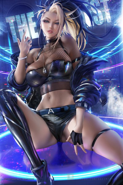 Anime picture 2533x3800 with league of legends k/da (league of legends) akali (league of legends) the baddest akali sakimichan single long hair tall image looking at viewer highres breasts light erotic large breasts bent knee (knees) ponytail parted lips head tilt multicolored hair arm up lips