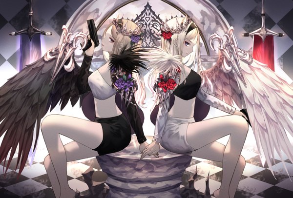 Anime picture 1625x1100 with original neon (pixiv 31150749) long hair looking at viewer fringe breasts open mouth blue eyes blonde hair sitting purple eyes multiple girls holding profile hair flower open jacket bare legs black wings checkered floor floor