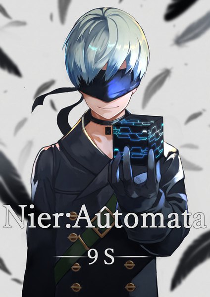 Anime-Bild 1060x1500 mit nier nier:automata yorha no. 9 type s yoshio (55level) single tall image short hair silver hair upper body light smile copyright name character names blindfold boy gloves choker black gloves feather (feathers) cube