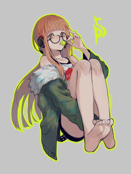 Anime picture 637x841 with persona 5 persona sakura futaba yamakawa single long hair tall image looking at viewer fringe simple background brown eyes signed full body blunt bangs barefoot orange hair grey background open jacket girl glasses