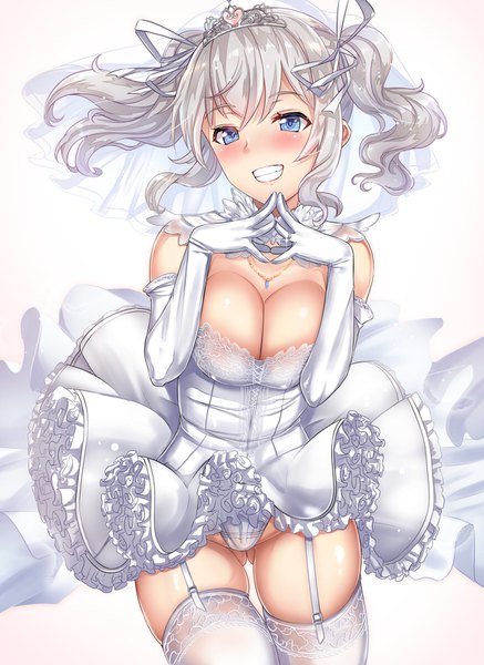 Anime picture 1168x1602 with kantai collection kashima training cruiser untue single long hair tall image looking at viewer blush fringe breasts blue eyes light erotic simple background smile hair between eyes large breasts white background twintails bare shoulders payot