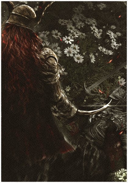Anime picture 1433x2048 with elden ring malenia blade of miquella tarnished (elden ring) graffitigw long hair tall image holding outdoors red hair from above border on ground girl boy flower (flowers) weapon sword armor helmet prosthesis
