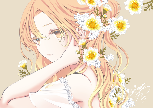 Anime picture 2000x1412 with original sheepd single long hair looking at viewer fringe highres simple background blonde hair hair between eyes bare shoulders signed yellow eyes upper body brown background girl flower (flowers)