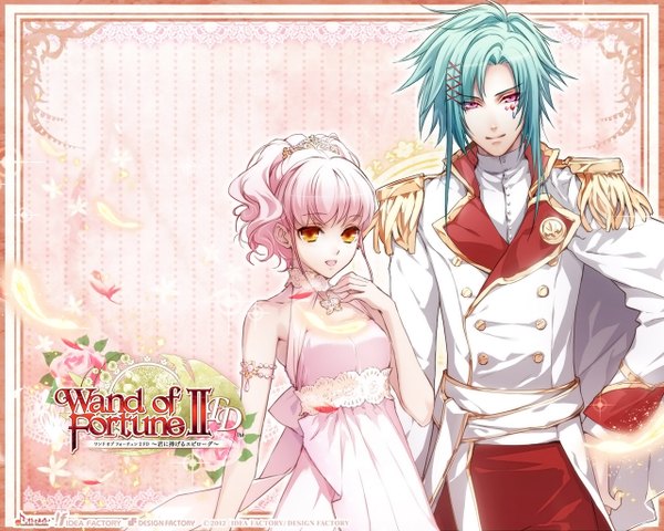 Anime picture 1280x1024 with wand of fortune wand of fortune 2 idea factory lulu (wand of fortune) alvaro garay looking at viewer fringe short hair open mouth blue hair pink hair pink eyes light smile orange eyes girl dress boy hair ornament flower (flowers) jewelry