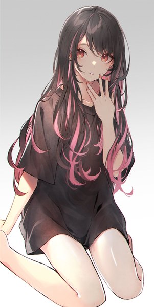 Anime picture 3698x7378 with original kuwashima rein single long hair tall image looking at viewer fringe highres black hair simple background sitting brown eyes absurdres nail polish parted lips multicolored hair fingernails arm support two-tone hair short sleeves