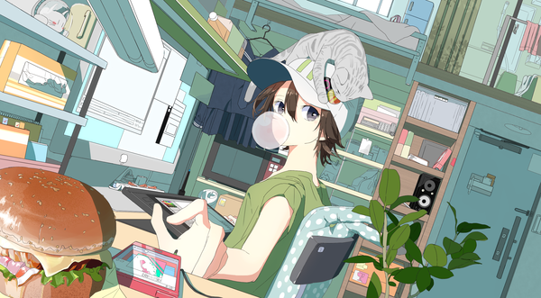 Anime picture 2629x1452 with original aspara single looking at viewer fringe highres breasts brown hair wide image indoors grey eyes outstretched arm bubble blowing girl plant (plants) animal book (books) cat chair table