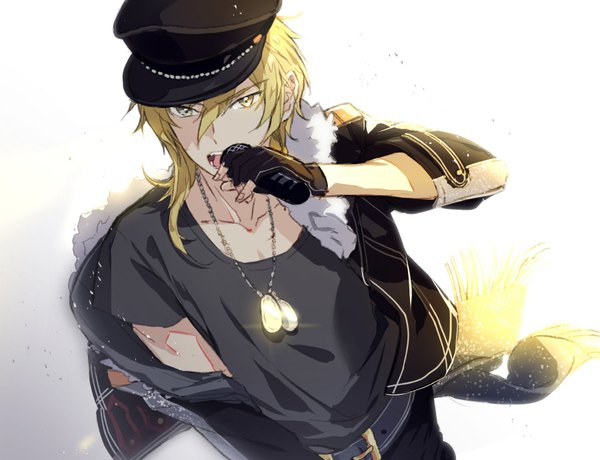 Anime picture 900x691 with ensemble stars! hakaze kaoru macciatto (aciel02) single fringe short hair simple background blonde hair hair between eyes white background yellow eyes looking away off shoulder open jacket singing boy gloves hat jacket fingerless gloves