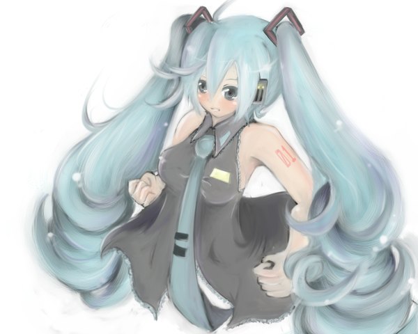 Anime picture 1280x1024 with vocaloid hatsune miku meke single long hair blush fringe simple background hair between eyes white background twintails looking away upper body aqua eyes aqua hair girl necktie headphones fist