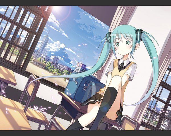 Anime picture 1400x1110 with vocaloid hatsune miku yuguru single sitting twintails sky cloud (clouds) very long hair aqua eyes aqua hair girl uniform school uniform petals socks window black socks school bag desk