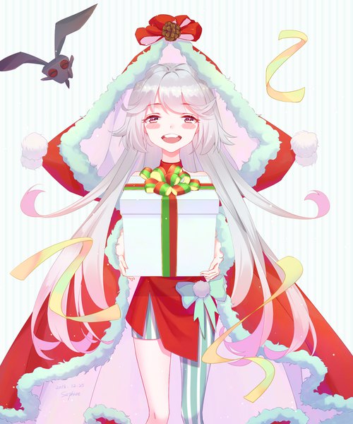 Anime picture 1536x1843 with original saphire single long hair tall image blush fringe open mouth simple background red eyes standing bare shoulders holding signed payot silver hair teeth fur trim dated christmas