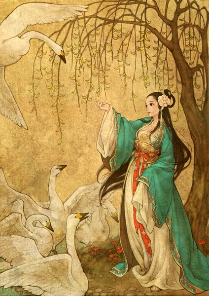 Anime picture 620x877 with obsidian single long hair tall image brown hair standing brown eyes long sleeves traditional clothes hair flower wide sleeves outstretched arm chinese clothes girl hair ornament flower (flowers) plant (plants) animal tree (trees) bird (birds)
