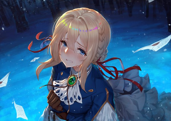 Anime picture 1200x848 with violet evergarden kyoto animation violet evergarden (character) raijuu (bakanara) single looking at viewer blush fringe short hair breasts blue eyes blonde hair hair between eyes standing payot braid (braids) from above wind night teeth