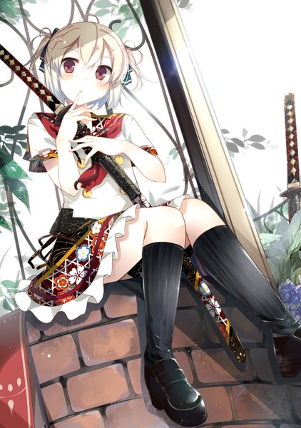 Anime picture 2100x2987 with original benio (dontsugel) single tall image looking at viewer blush highres short hair blonde hair sitting holding brown eyes floral print finger to mouth girl skirt flower (flowers) ribbon (ribbons) weapon plant (plants)