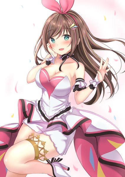 Anime-Bild 1240x1754 mit virtual youtuber a.i. channel kizuna ai kizuna ai (anniversary) yuano single long hair tall image looking at viewer blush fringe breasts open mouth simple background hair between eyes brown hair standing cleavage multicolored hair aqua eyes