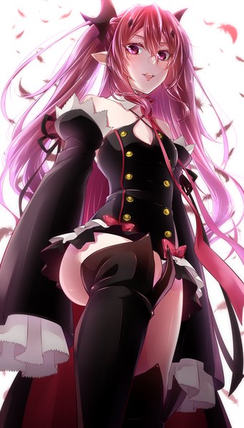 Anime picture 2000x3507 with owari no seraph wit studio kururu tepes krul tepes benito single long hair tall image looking at viewer fringe highres breasts open mouth simple background pink hair cleavage long sleeves pink eyes lips pointy ears