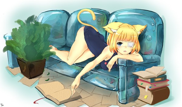 Anime picture 2690x1584 with original dre single looking at viewer blush fringe highres short hair breasts open mouth blue eyes light erotic blonde hair wide image large breasts bare shoulders animal ears tail lying animal tail