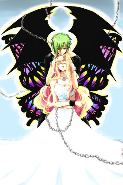 Anime picture 700x1050 with macross macross frontier sheryl nome brera sterne long hair tall image short hair blonde hair red eyes eyes closed very long hair green hair couple hug bondage demon wings insect wings butterfly wings girl dress