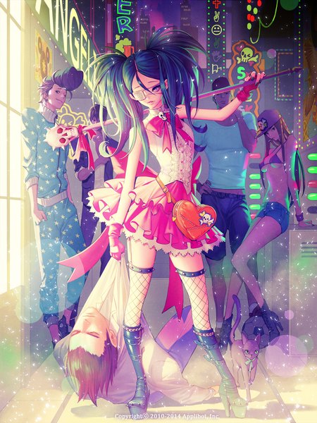 Anime picture 1500x2000 with original soo kyung oh long hair tall image short hair blue eyes black hair brown hair twintails pompadour girl thighhighs dress boy gloves animal shorts boots frills fingerless gloves