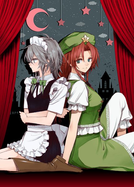Anime picture 721x1000 with touhou izayoi sakuya hong meiling minakata sunao long hair tall image blue eyes sitting multiple girls looking away red hair braid (braids) profile grey hair maid twin braids wariza chinese clothes crossed arms silhouette