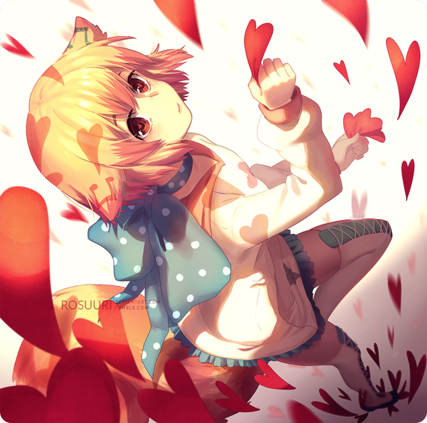 Anime picture 800x794 with original rosuuri single short hair blonde hair white background animal ears tail animal tail from above orange eyes girl thighhighs frills sweater
